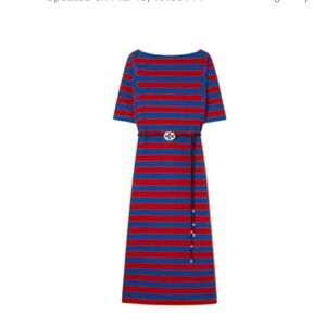 NWT TORY BURCH JERSEY STRIPE DRESS with LOGO Belt Navy/Burgundy Medium MSRP $398